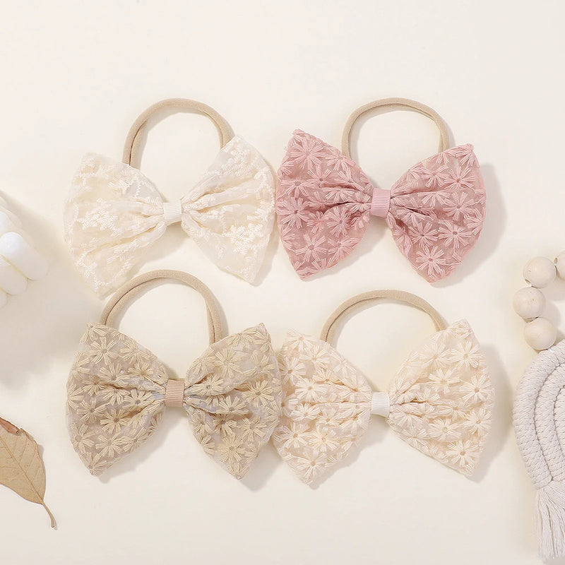 4Pcs 4.5 Inch Big Bows Hair Nylon Band for Baby Rural Style Daisy Embroidery Butterfly Bow Headband Sweet Headdress