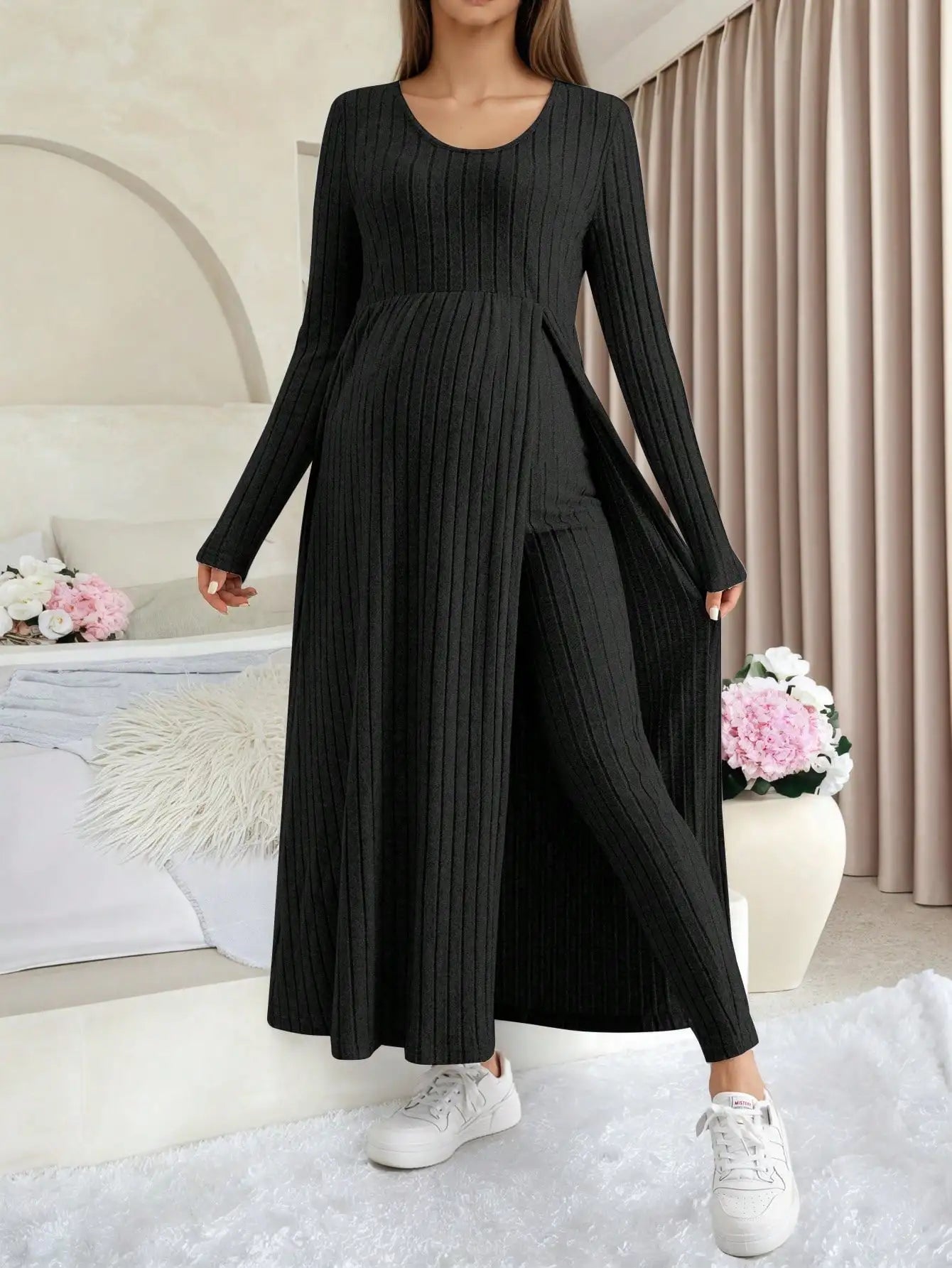 Maternity Women's Two Piece Sets and Outfits Long Sleeve Soft Ribbed Longline Casual Home Lounge Pants Set