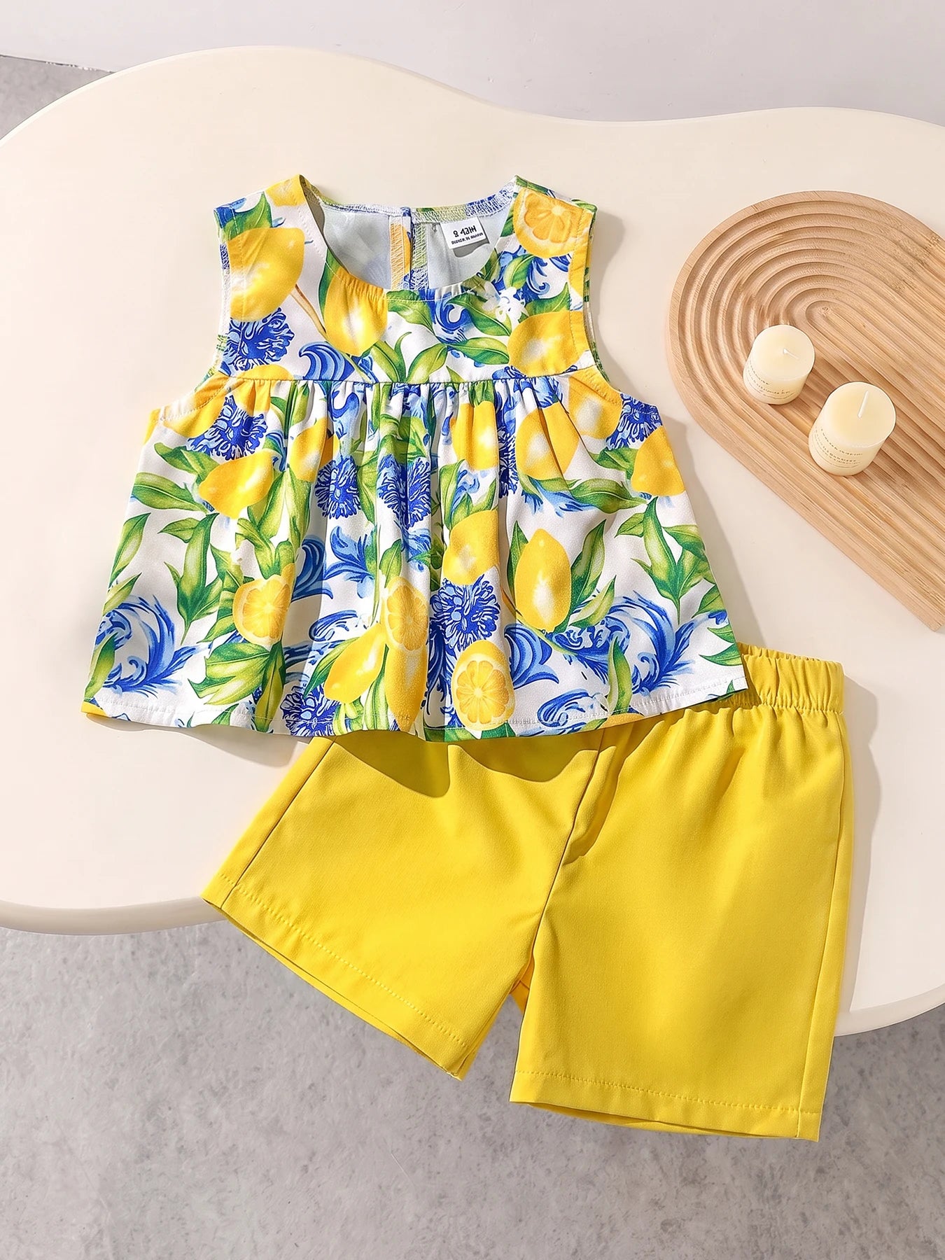 Baby Girl Lemon Floral 2‑Piece Outfit Sleeveless Print Top & Yellow Shorts Set