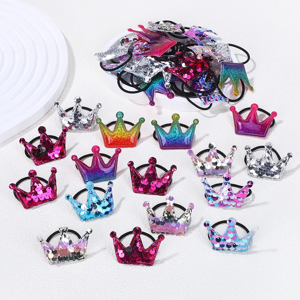 Random 40Pcs Crown rubber band headrope children's ponytail hairband rubber band party glitter colored headpiece
