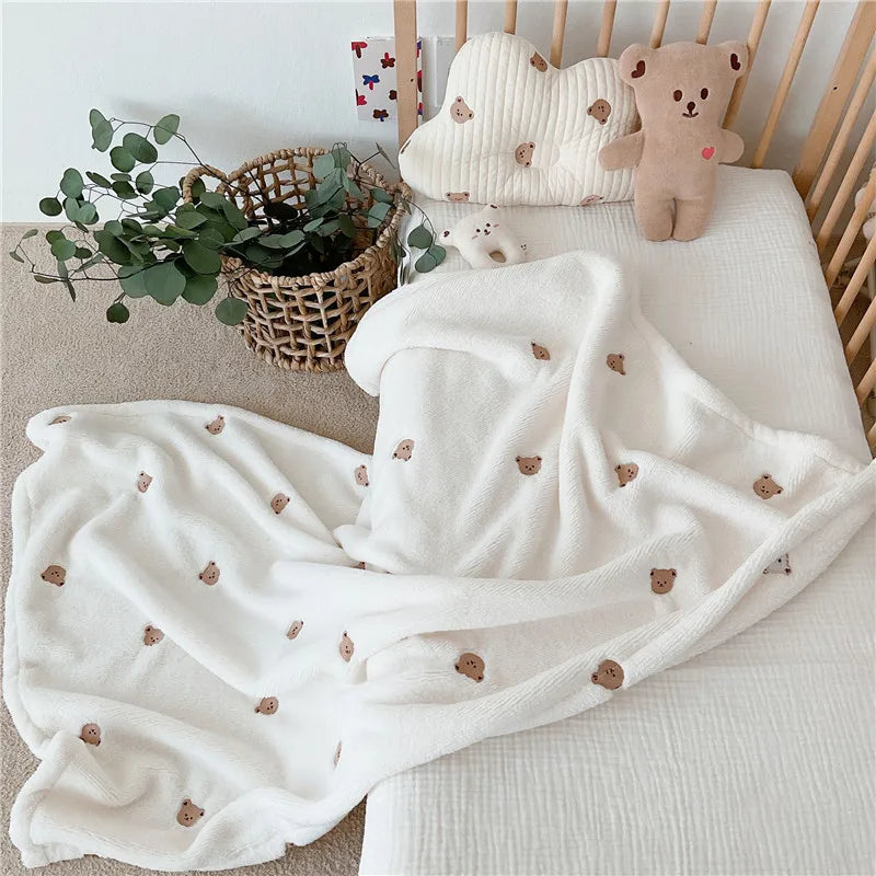 Embroidered Bear Baby Blanket Infant Coral Fleece Wrap Swaddle Blanket Warm Blanket For Newborn Outdoor Stroller Cover Blanket