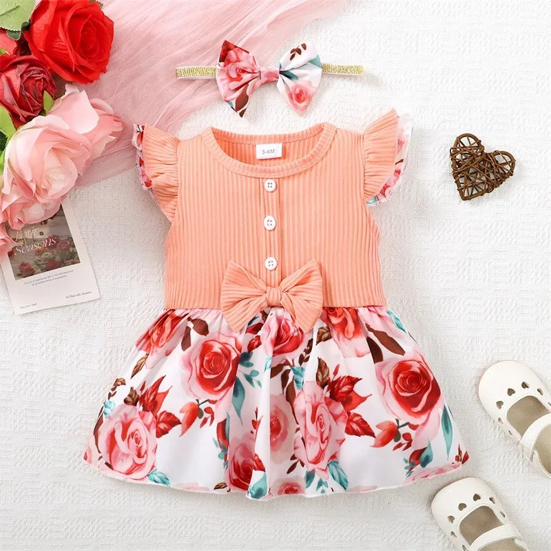 Cute Baby Girl Round Neck Bow Flower Print Fashionable Dress With Headband Suitable for Babies Aged 0-2 Summer Family Gatherings