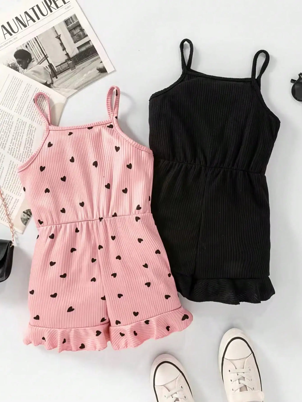 2pcs Girls Casual Summer Button up Heart-Shaped Camisole Jumpsuit Set Two Colors Suitable for Outdoor Travel