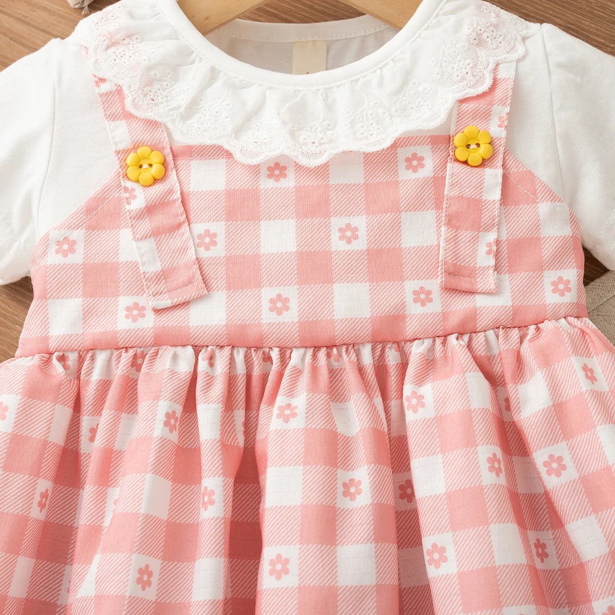 Summer New Sweet Fake Two Piece Baby Girl Dress, Cute Checkered Small Floral Children'S Clothing (3-18 Months)