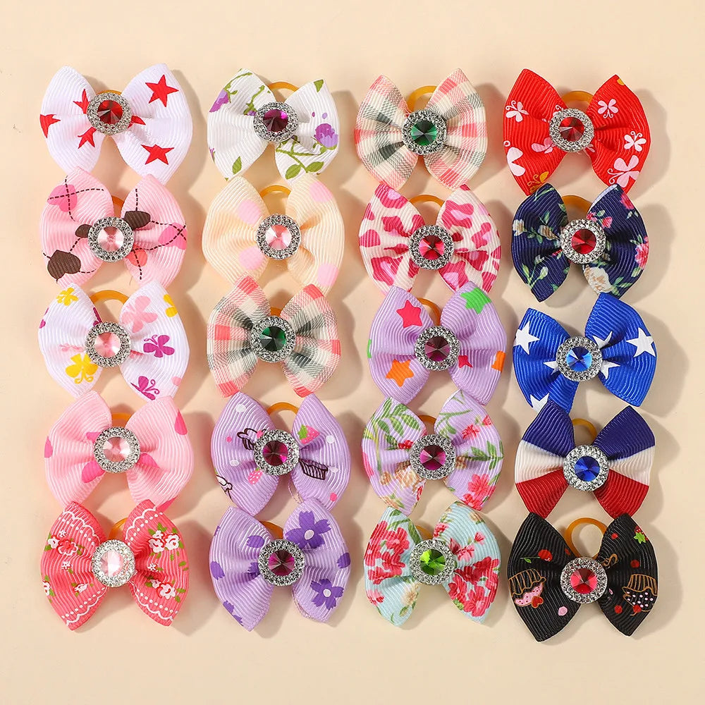 Random Color 20Pcs Mini Bowknot Hair Band for Girls Hair Accessories Dopamine Color Elastic Rubber Band Exquisite Gem Head Tie