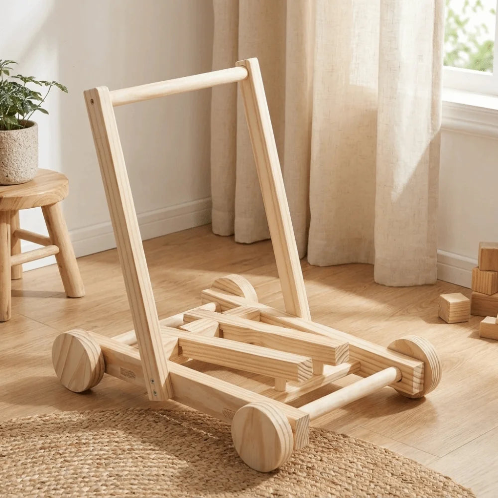 Adjustable Speed Height No-Knot Wood Baby Walker Wheeled Push-Pull Durable Baby Walking Trainer Safe Sturdy Non-Toxic