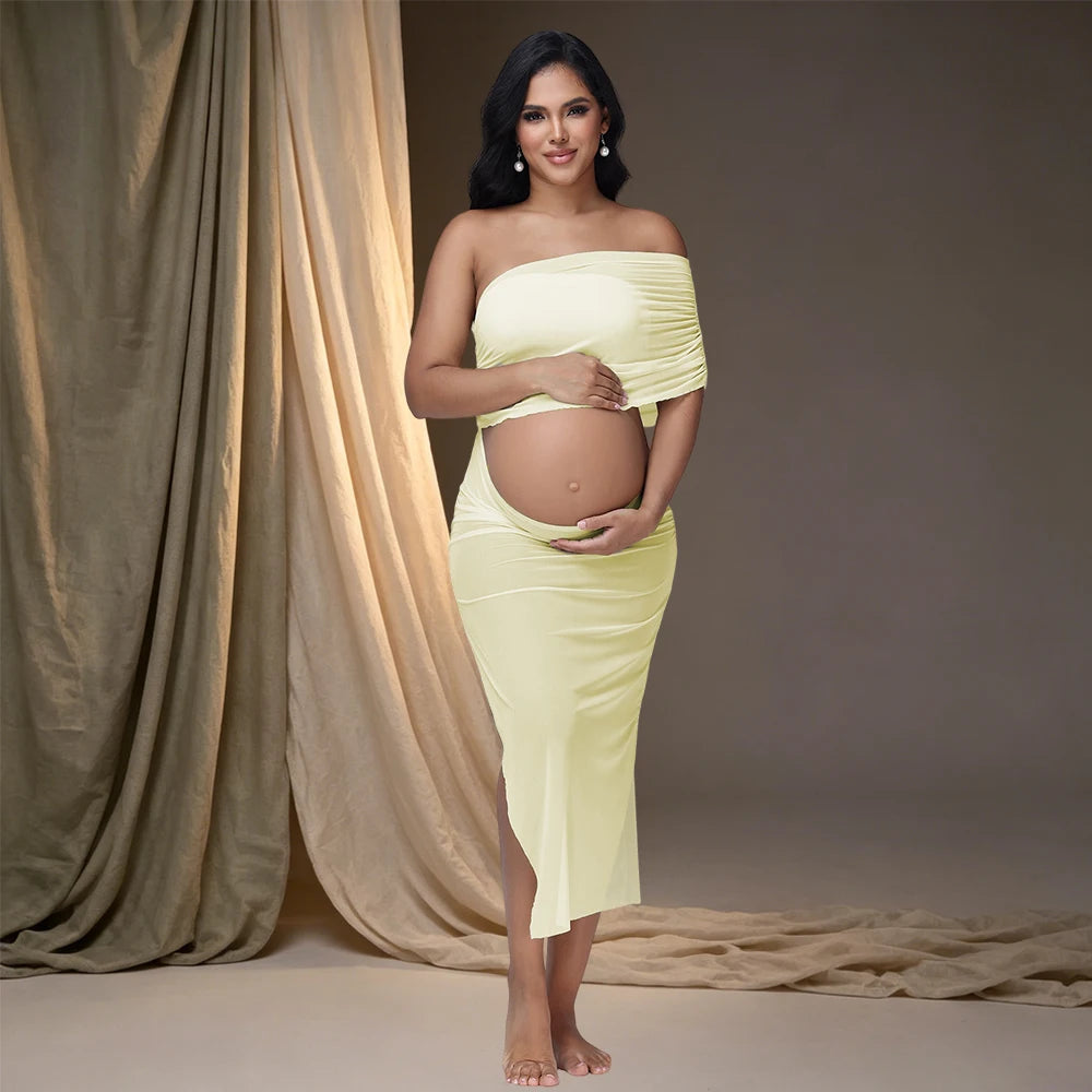 Maternity Sexy Off Shoulder Photography Outfit Cut Out Belly See Through Mid Dress for Photoshoot