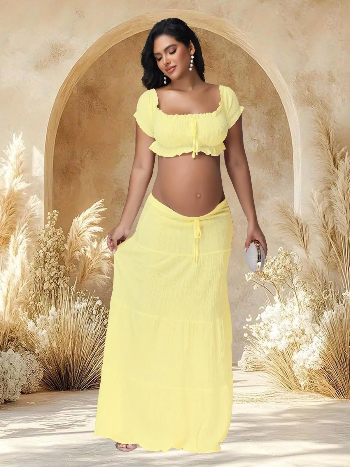 2Piece Maternity Dress Set Ruffle Tube Top and Maxi Skirt for Photoshoot Baby Shower Model MTR2PCRA