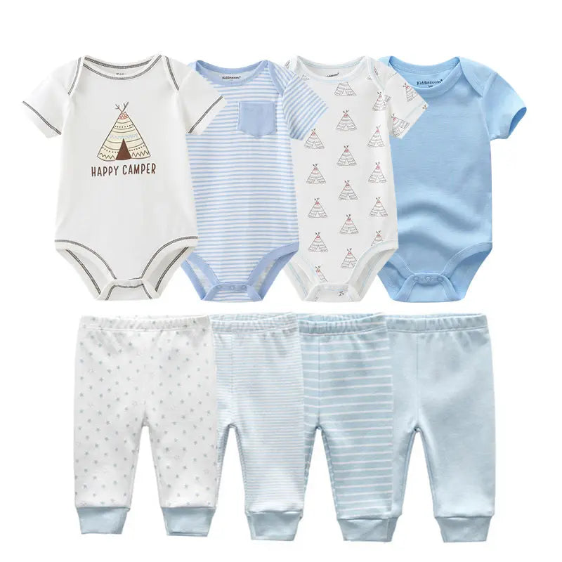 8-Piece Cartoon Baby Bodysuits and Pants Cotton Newborn Unisex Short Sleeve Onesies Trousers 0-12 Months