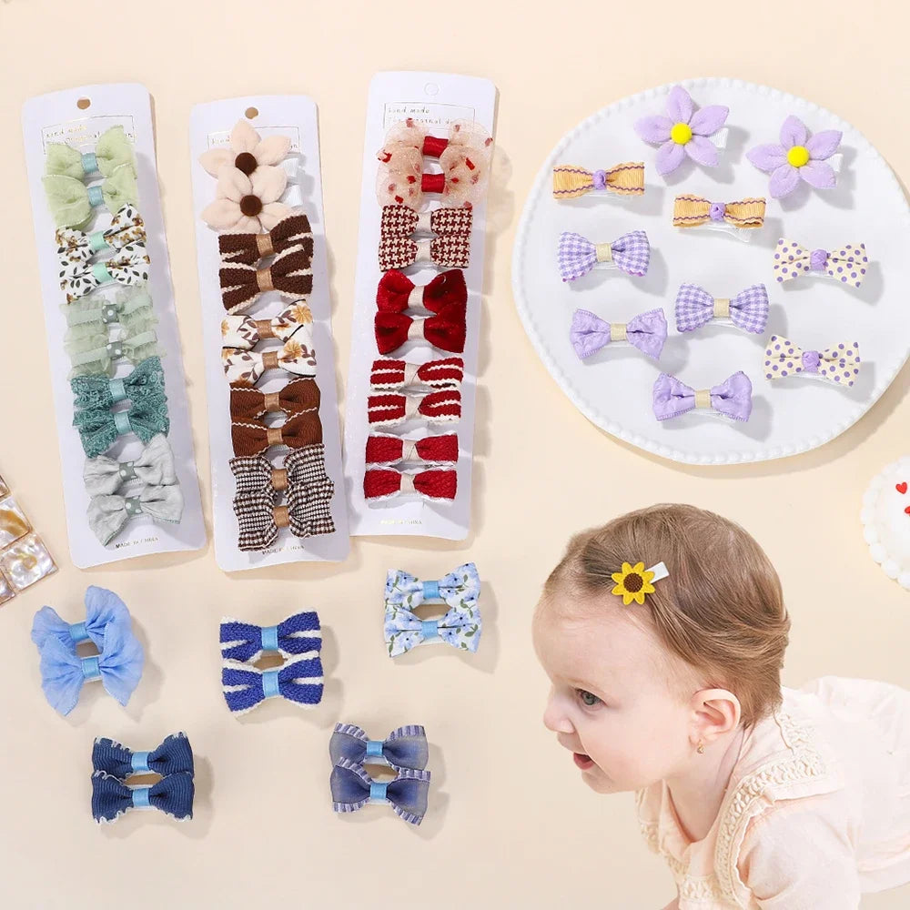 10Pcs/set Children Exquisite Hair Clip Lovely Bowknot Printing Cloth Hairgripes for Girls Boutique Hair Accessories