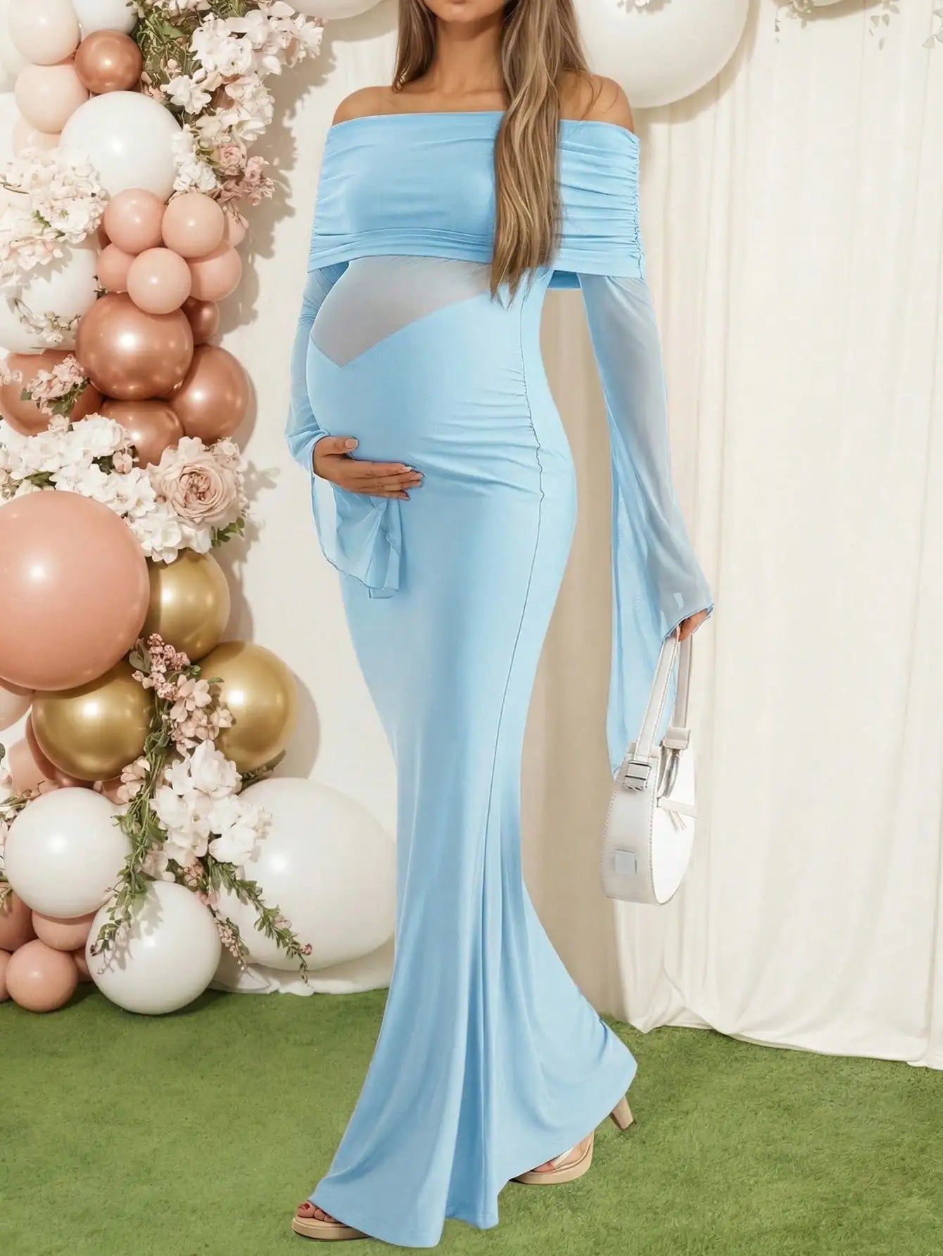 Maternity Women's Off Shoulder Formal Maxi Dress with Sheer Mesh Panel, Long Flare Sleeve Mermaid Gown for Baby Shower