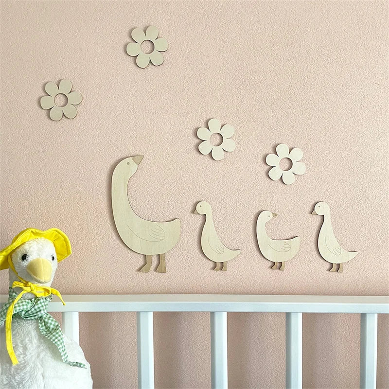Bohemian Cute Wooden Goose Nursery Wall Decoration, Home Decor for Living Room and Room Walls, Wall Art with Wooden Goose and Flower Wall Stickers, Animal Lover Wall Decoration, Holiday Wall Decoration with Wooden Goose