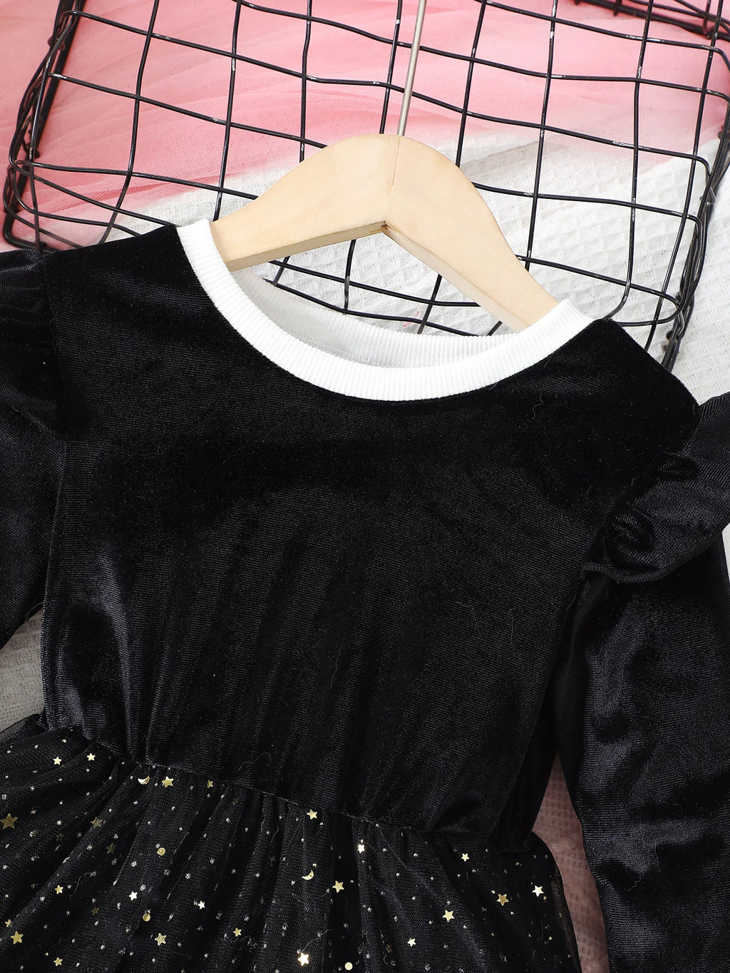 4-7 Year Children Girls Dress Round neck Satin Stars Tulle Ceremonial Dress for Girls' Spring  Autumn Fashion Party Dress