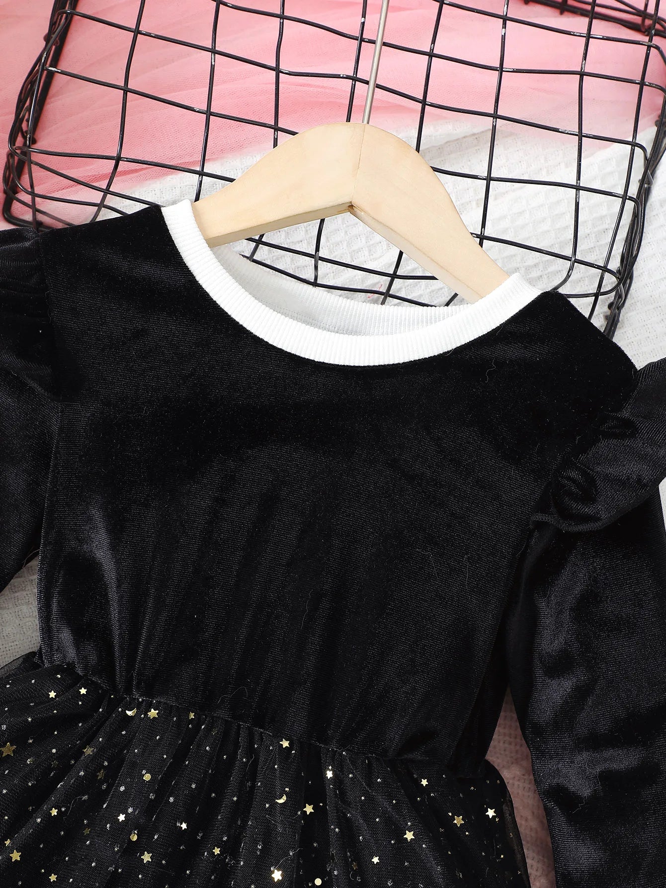 4-7 Year Children Girls Dress Round neck Satin Stars Tulle Ceremonial Dress for Girls' Spring  Autumn Fashion Party Dress
