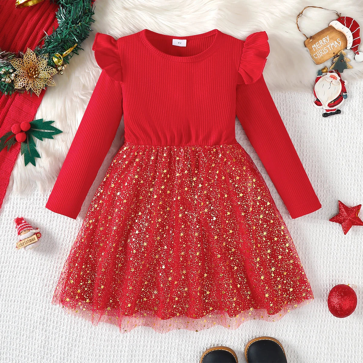 Children Girls' Dresses Round Neck Flying sleeves Five Pointed Star Chiffon Fashion Dresses 4-7 Year old girls' New Year Dresses