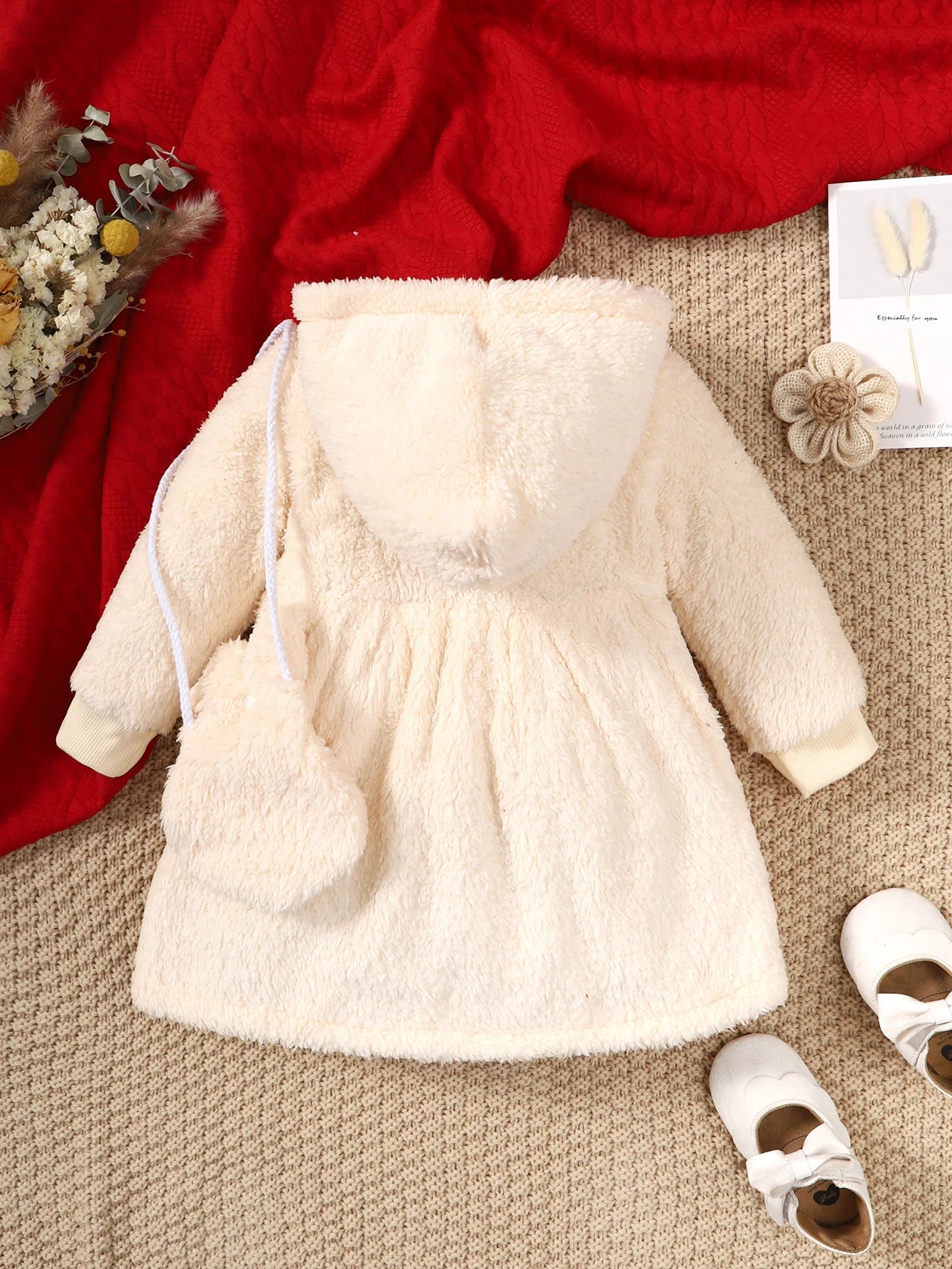 2pcs Toddler Baby girl Baby Hooded Plush Long sleeved Zipper Warm Jacket+Plush Bag 0-3 Year Baby Girl Winter Casual Loose Coat