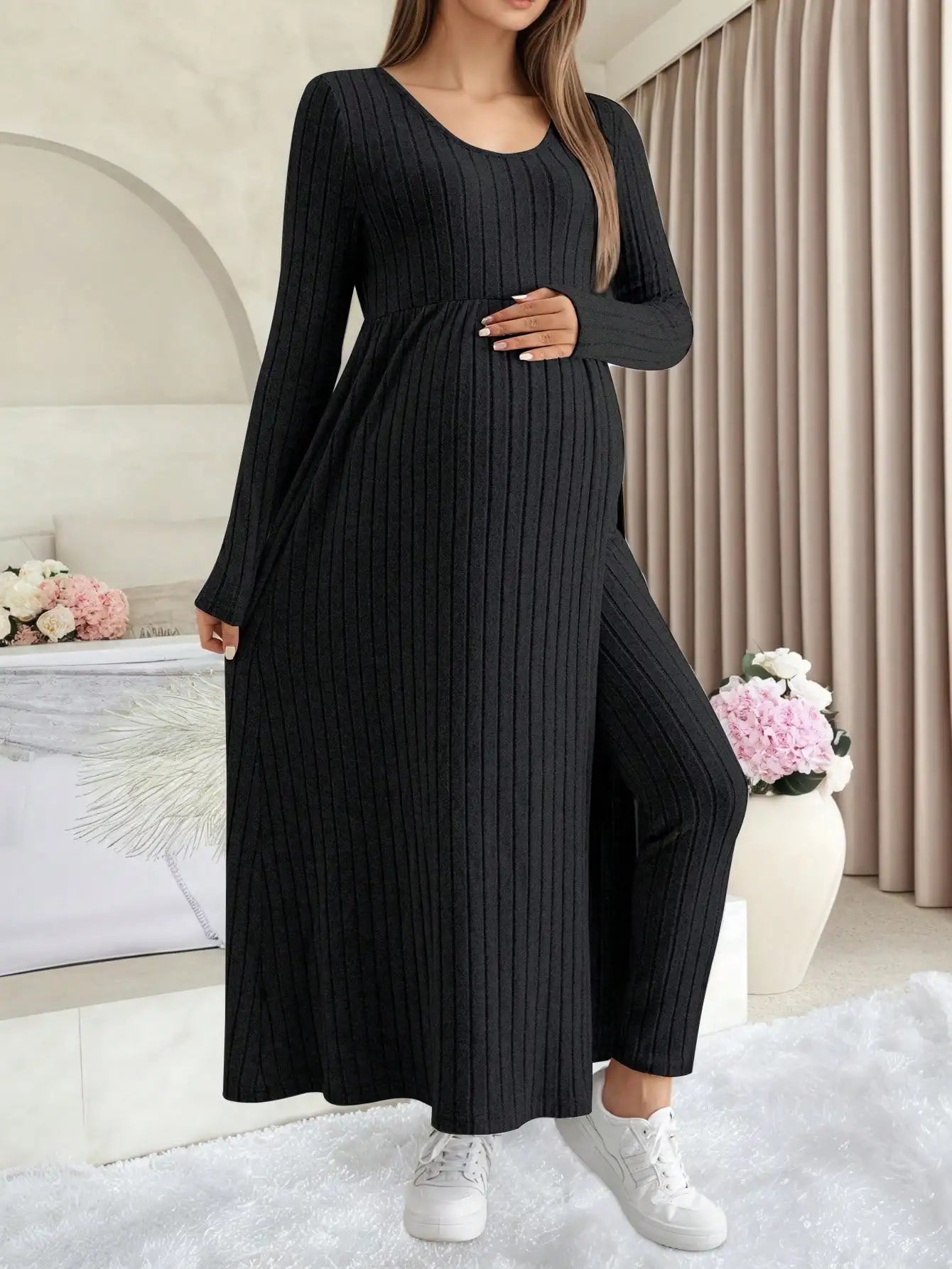 Maternity Women's Two Piece Sets and Outfits Long Sleeve Soft Ribbed Longline Casual Home Lounge Pants Set