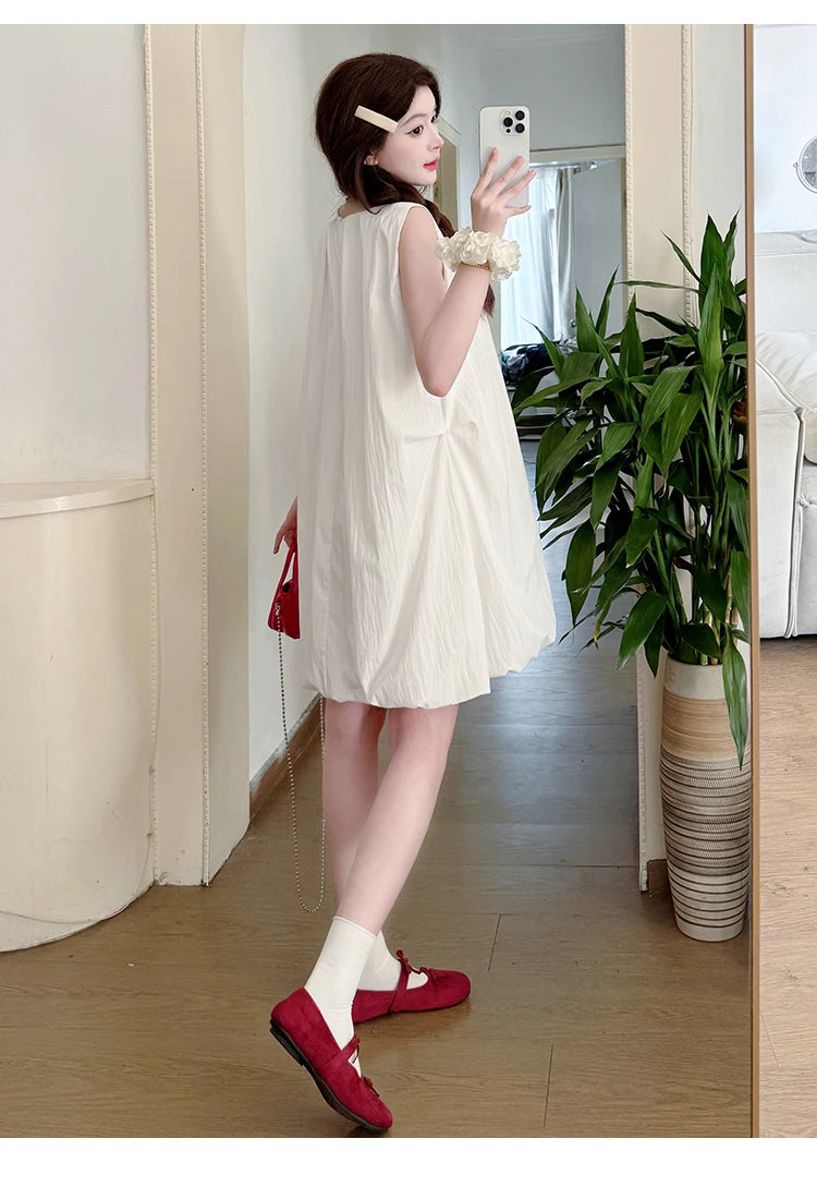 Korean Style Maternity Mini Dress Sleeveless White Pregnant Woman Bud Dress Fashion Short Lady Loose Fashion Dress with Bowknot
