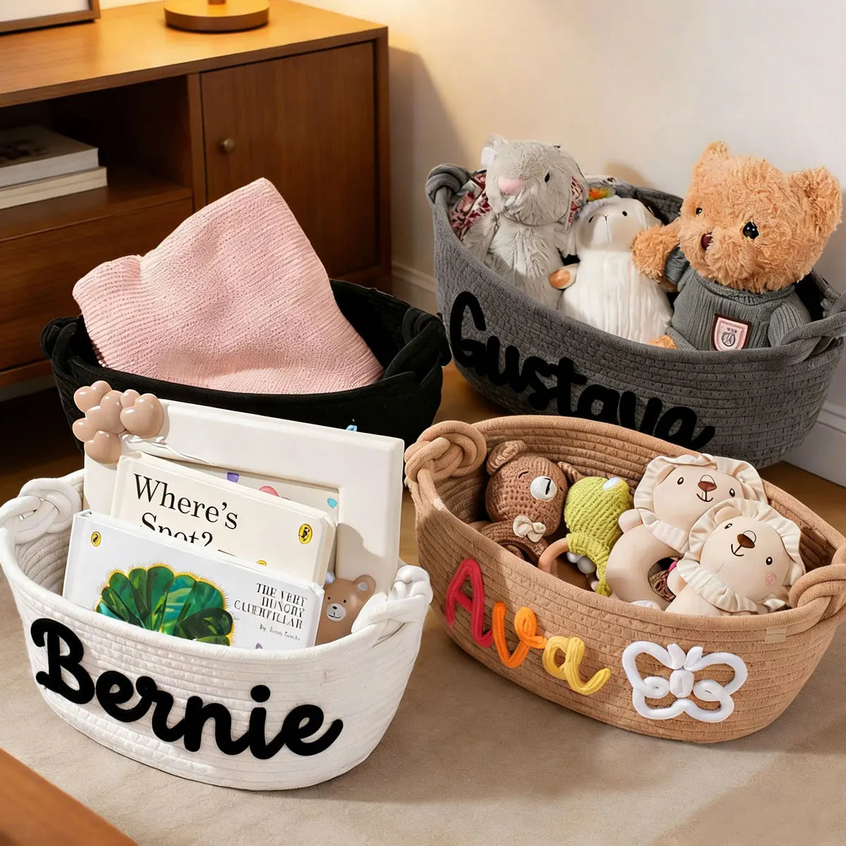 Personalized Woven Storage Basket with Letter – Custom Star Sun Moon Gift Basket
