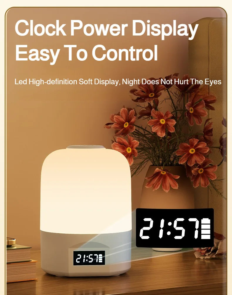 LED Bedside Lamp with Clock Display Touch Control Dimmable Night Light USB Rechargeable for Bedroom Baby Feeding
