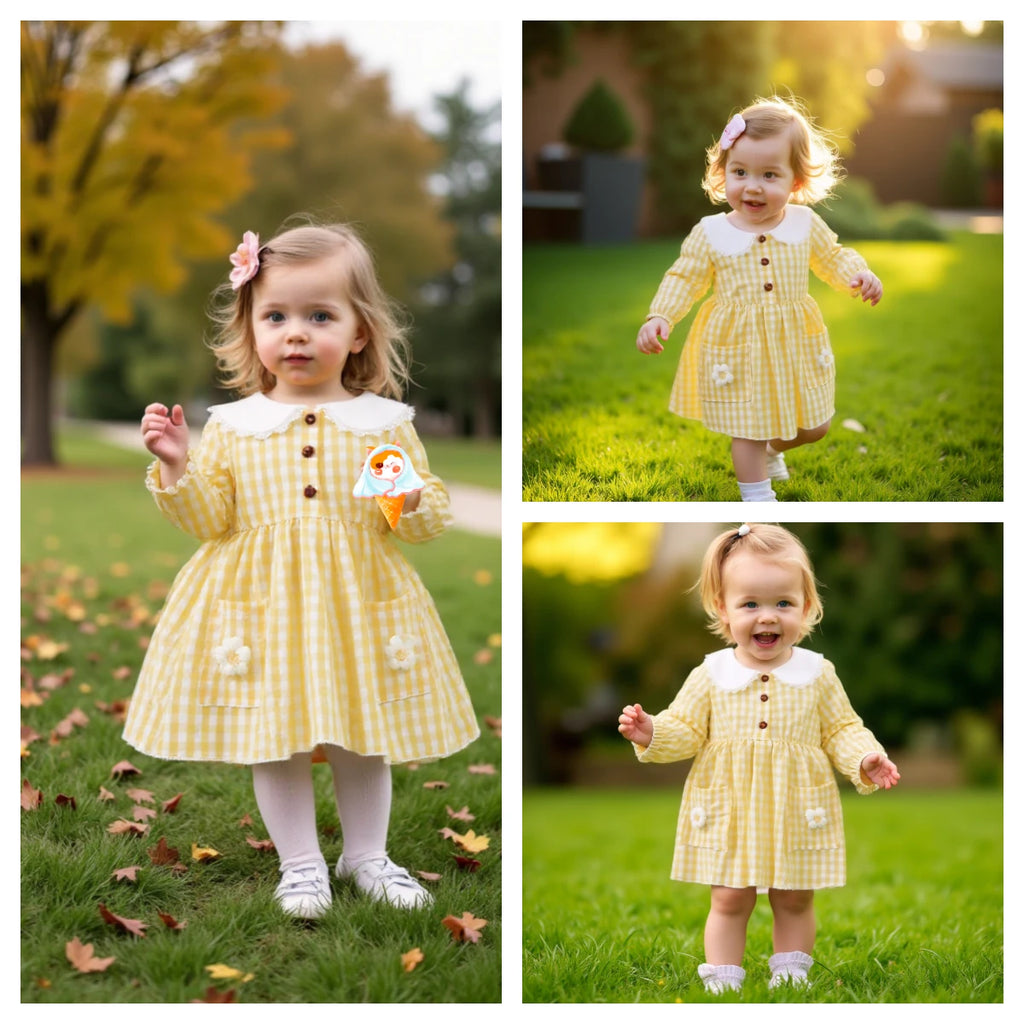 0-3 Year Cute Baby girl Dress Lace Border Doll Collar Yellow Checkered Dress for Toddlers Autumn Dress for Outdoor activities