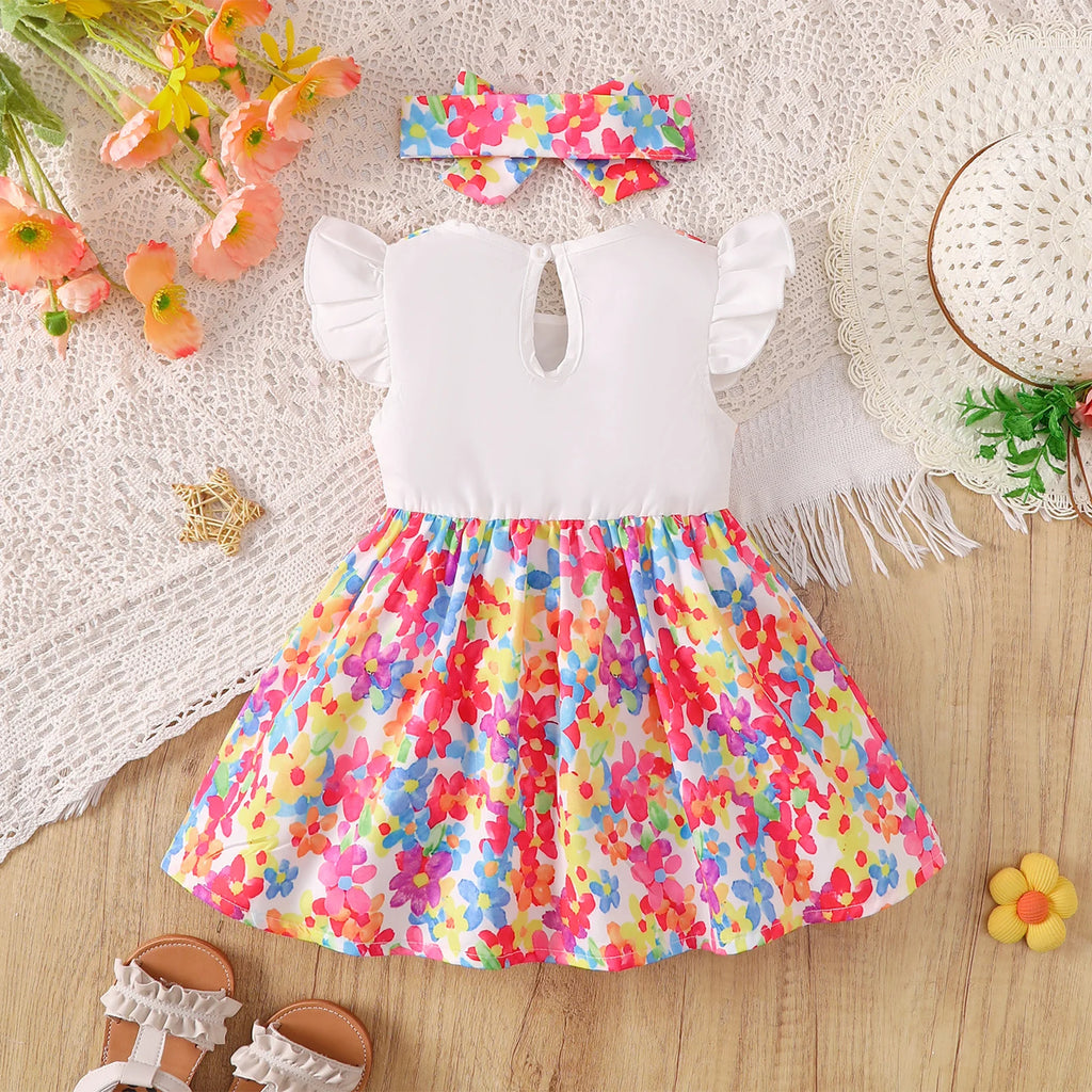 0-3 Year Baby girl Dress Round neck Colorful Floral Bow Dress+Headband Set Summer Cute Baby girl Casual Dress Baby clothing