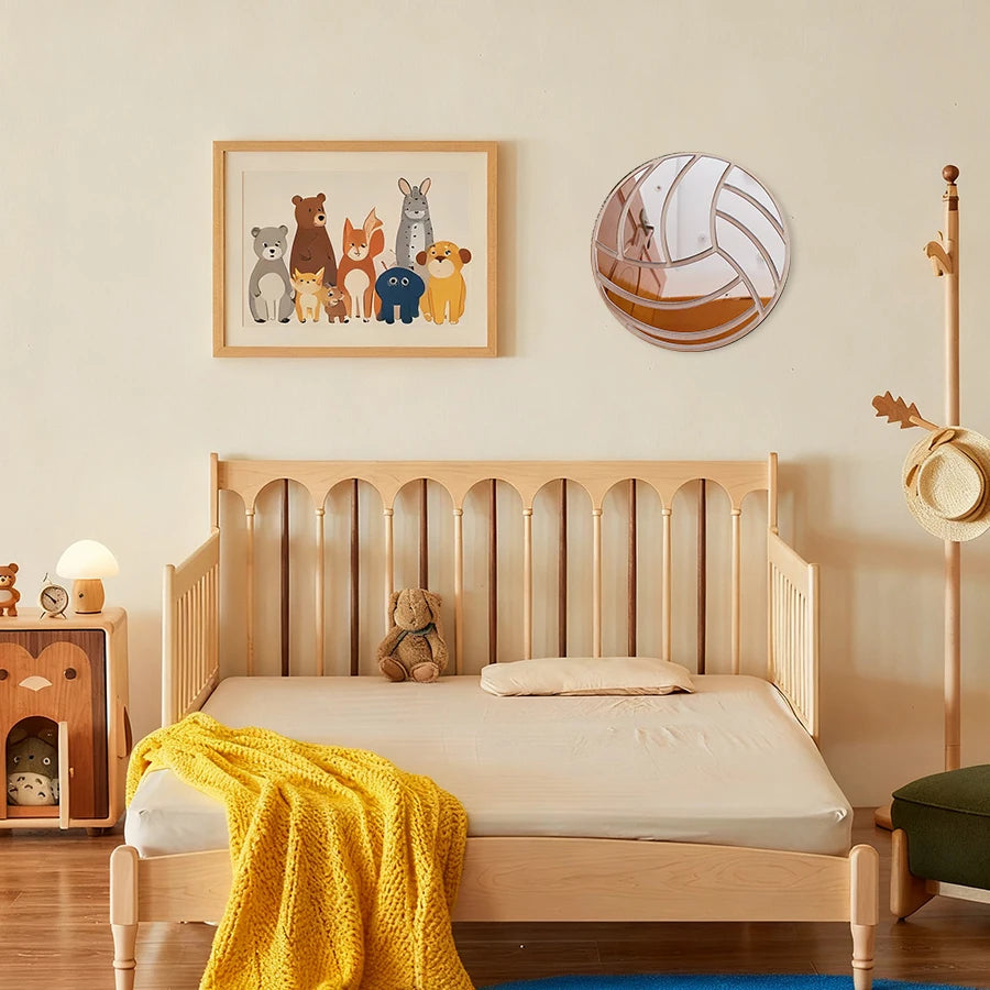 Ins Nordic Style Wooden Acrylic Volleyball Shatterproof Mirror Cute Home Decor Background Mirror Boys and Girls Room Decoration Mirror Is the Most Beautiful Decorative Gift for Bedroom and Living Room.