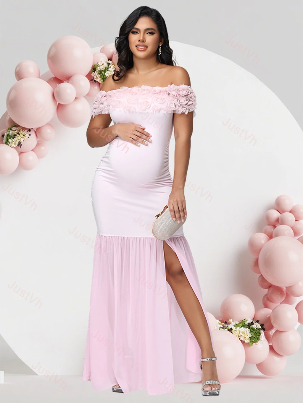 Maternity Floral off Shoulder Long Dress Chiffon Split Hem Photography Props Gown for Baby Shower