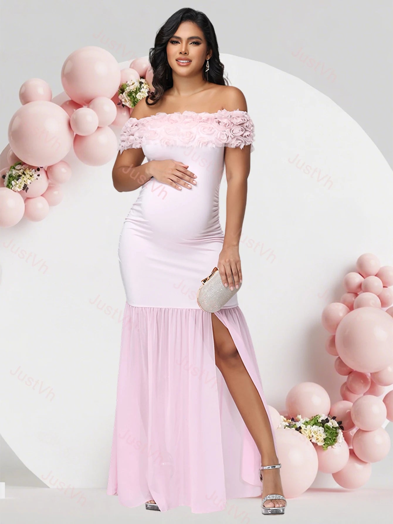 Maternity Floral off Shoulder Long Dress Chiffon Split Hem Photography Props Gown for Baby Shower