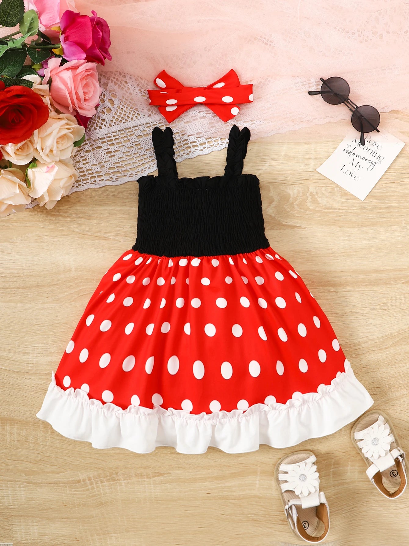 2Pcs/Set of Baby girl Summer Dress with Pleated Edge Princess Dress +Headband for 0-3 Year Baby girls Playing in Amusement Parks