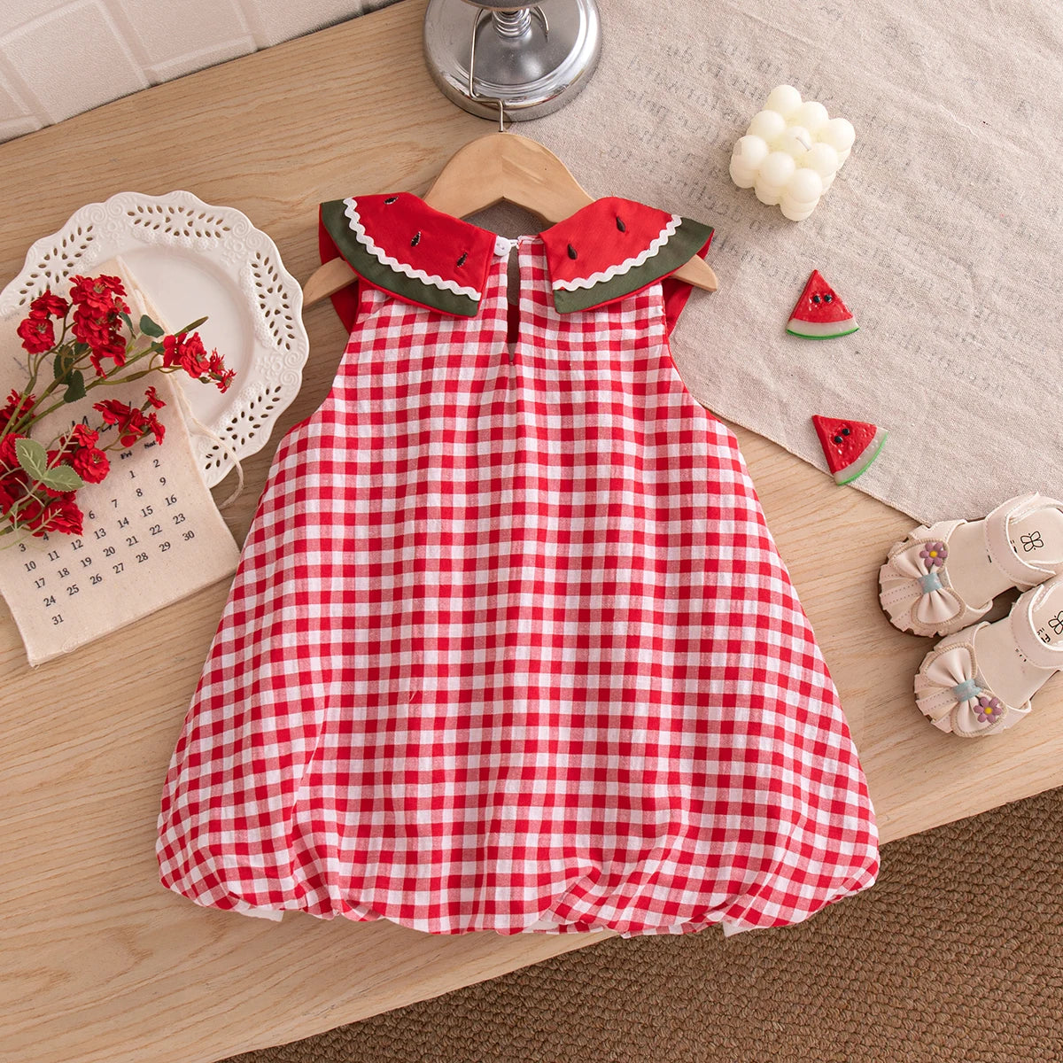 Baby Girl Dress Summer Cotton Solid Color Grid Watermelon Round Neck Sleeveless Girl Dress Cartoon Cute Beach Baby Girl Clothing