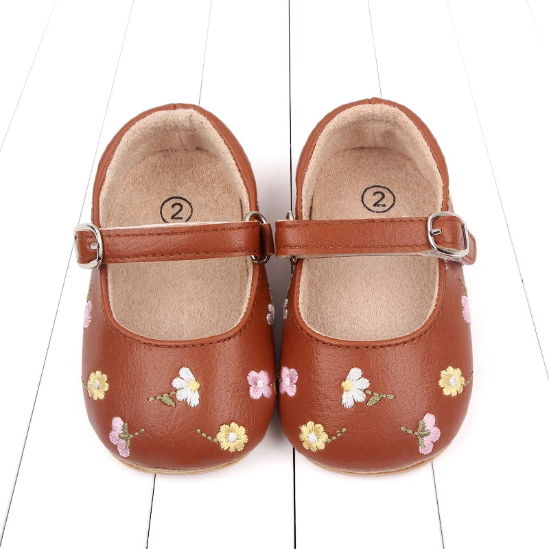 Baby Girl Princess Shoes High Quality Soft PU Embroidery Flower TPR Sole Anti-slip for Toddler Girl 0-18 Months New Fashion