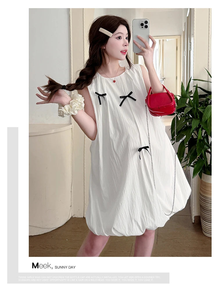 Korean Style Maternity Mini Dress Sleeveless White Pregnant Woman Bud Dress Fashion Short Lady Loose Fashion Dress with Bowknot