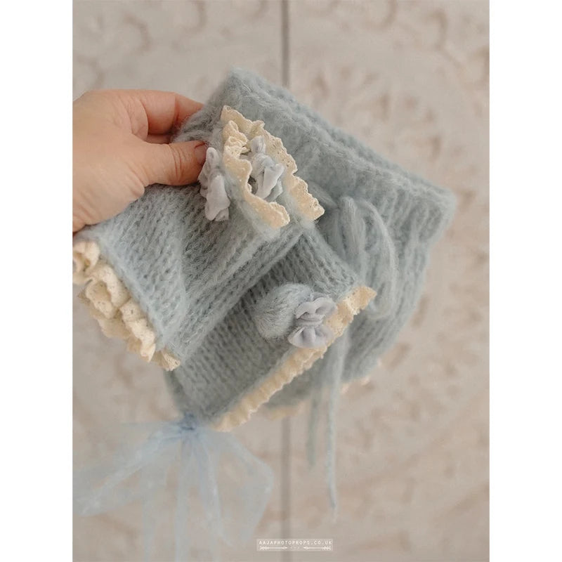 Newborn Photography Outfit Knitted Baby Bonnet Hat Shorts Wrist Wrap Set Infant Girl Photoshoot Props Lace Bow Studio Costume