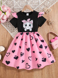 Girls' Fashionable Summer Dress, Little Girl's Cat Print Flutter Sleeve Short-Sleeve Patchwork Heart All-Over Print Mid-Length Waist-Cinching Dress, Comfortable and Elegant Youth Clothing for Girls, Outdoor Stylish and Unique
