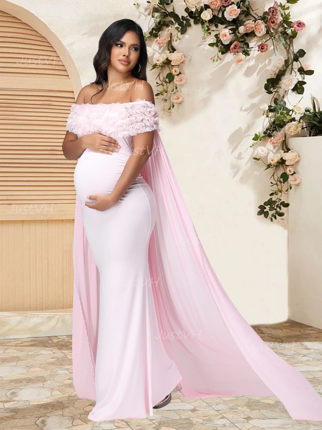 Maternity Floral off Shoulder Dress Mesh Cloak Maxi Party Gown for Baby Shower Photoshoot