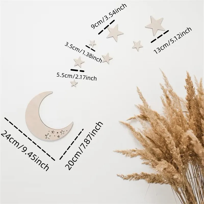 Ins Nordic Style Wooden Self-Adhesive Moon and Star Wall Decoration, Themed Wood Wall Art, Wall Stickers, Wooden Letters, Phrases with Adhesive Dots, Reusable and Easy to Stick, Suitable for Living Room, Bedroom, Playroom Dec