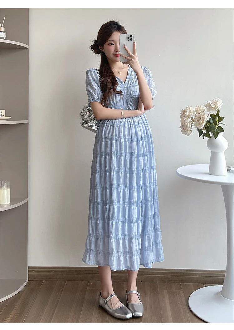 French Style Summer Maternity Pleated Dress High Waist V-neck Short Sleeve Pregnant Woman Elegant Dress Pregnancy Clothes Loose
