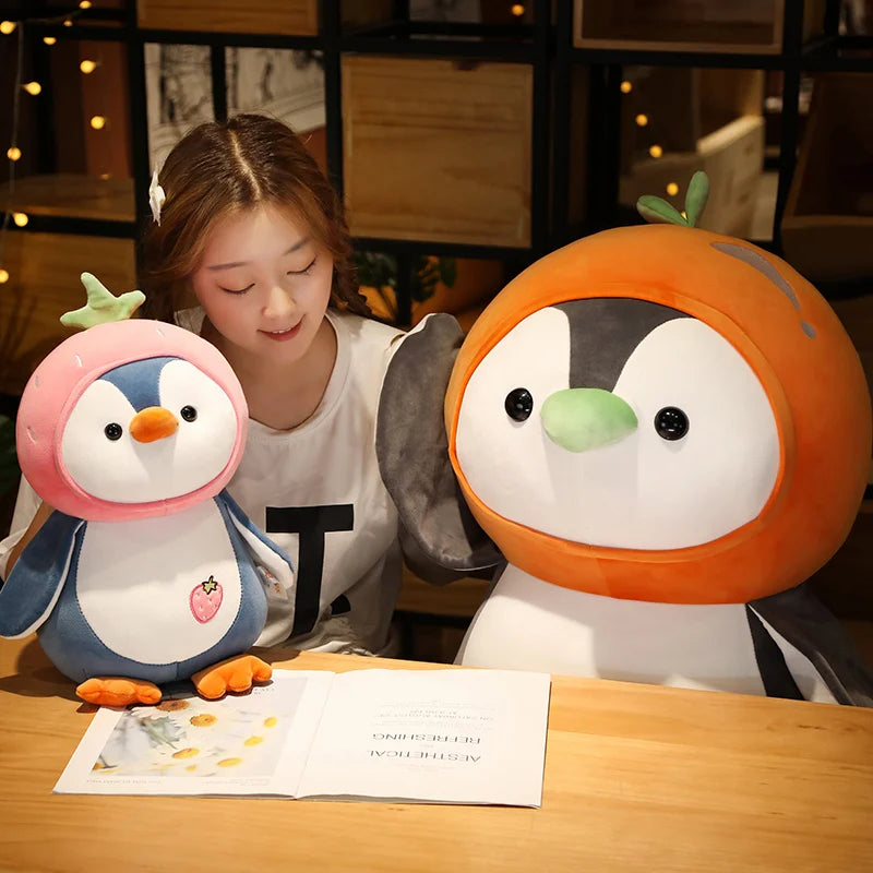 1PC Cartoon Penguin Plush Toys Kawaii Soft Doll Dress up Strawberry Orange Kids Plushie Girls Gift