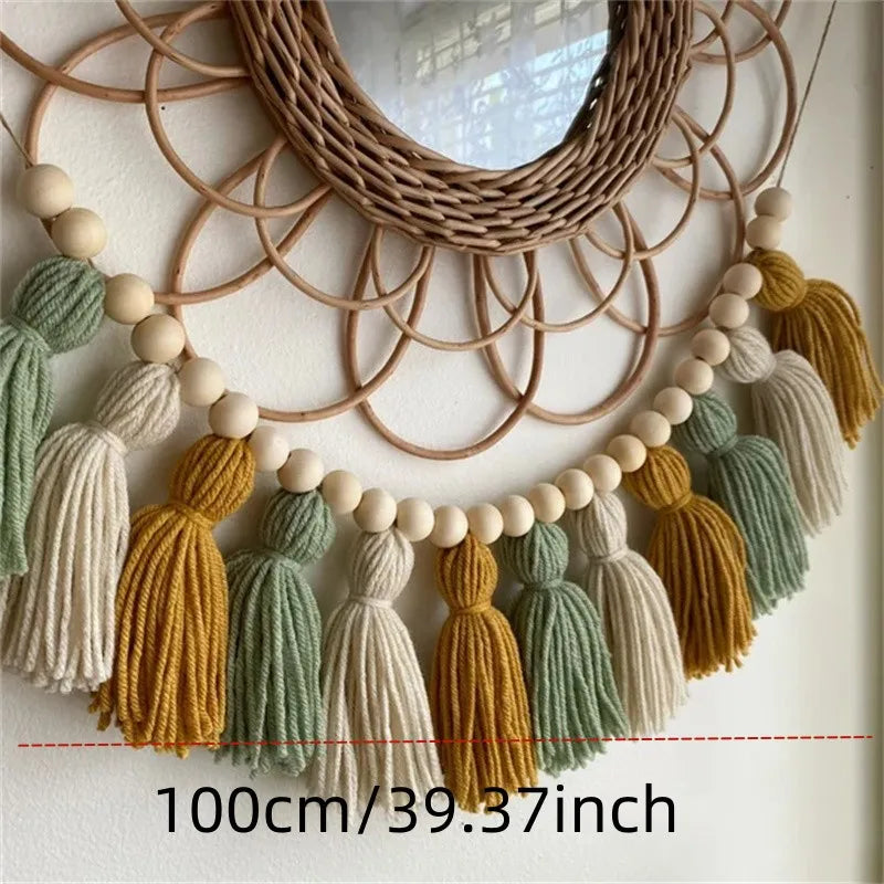 Boho Pink Tassel Garland with Wood Beads Cute Wall Hanging Banner for Nursery Kids Bedroom Birthday Office Party Wedding Decor