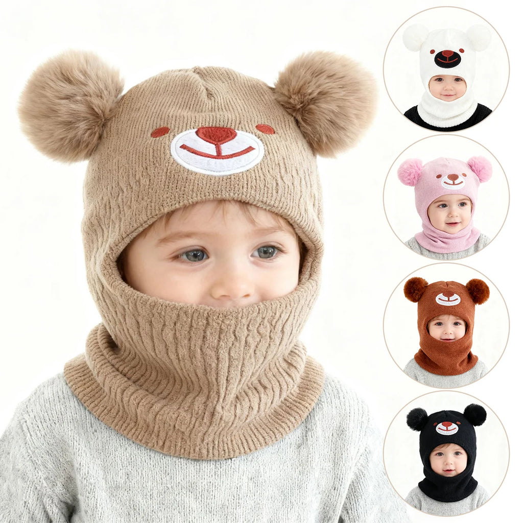 Children Pom-Pom Balaclava Cute Bear Scarf One-Piece Hat Winter Warm Kids Hooded Beanies 1-2Year Baby Knitted Ear Protection Cap