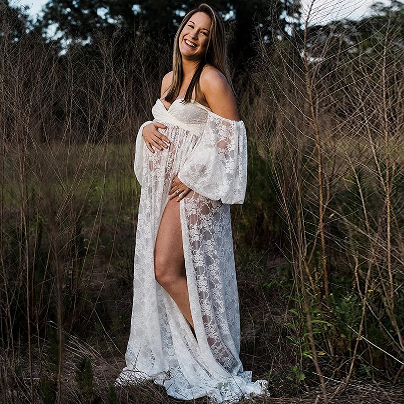 Maternity Dress Soft Stretchy Lace Off Shoulder Doubly Split A line Skirt Pregnancy Maxi Gown for Photoshoot