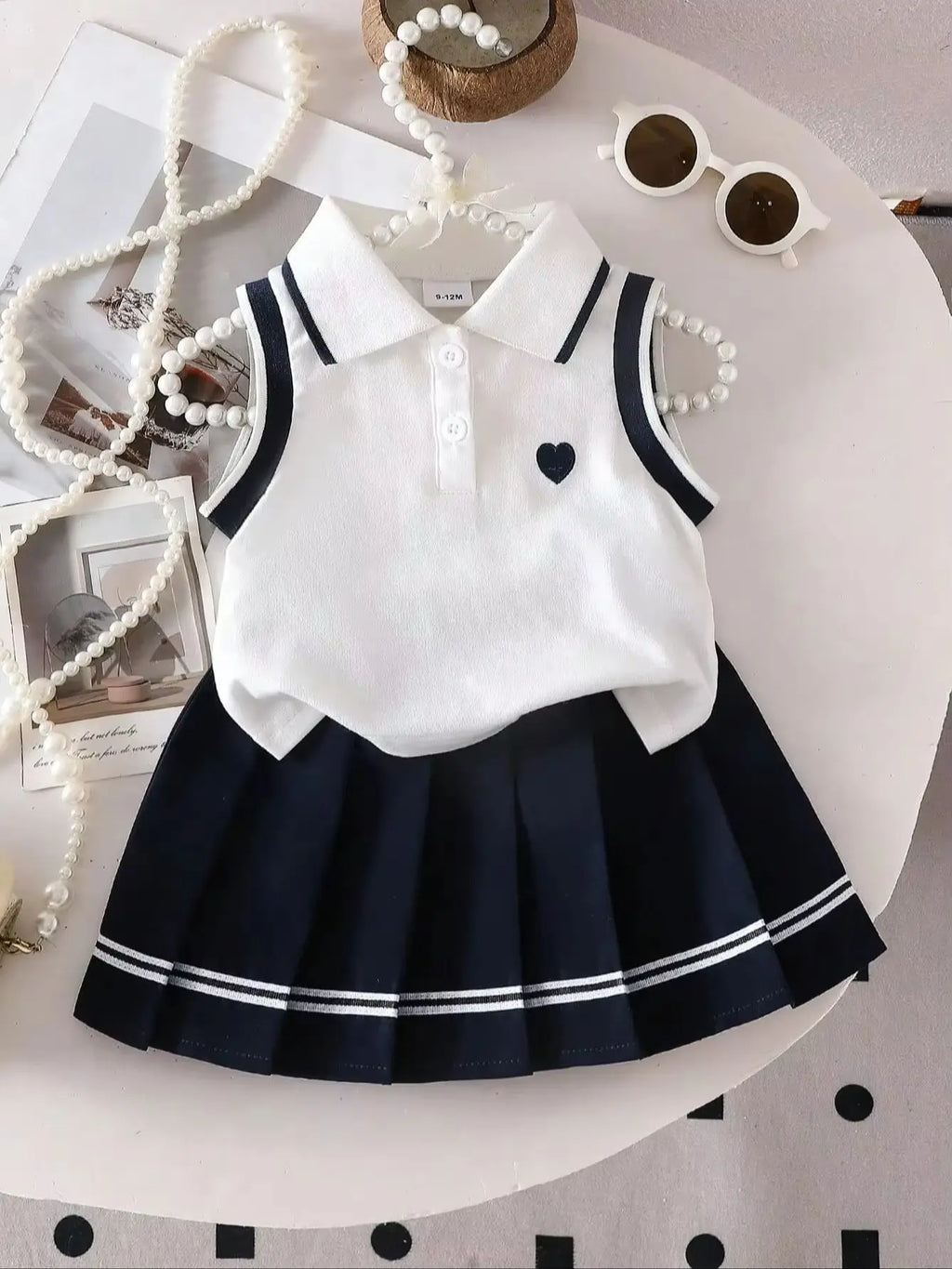 Two piece set of baby girl heart embroidered POLO collar sleeveless top and woven casual pleated short skirt with sweet and cool
