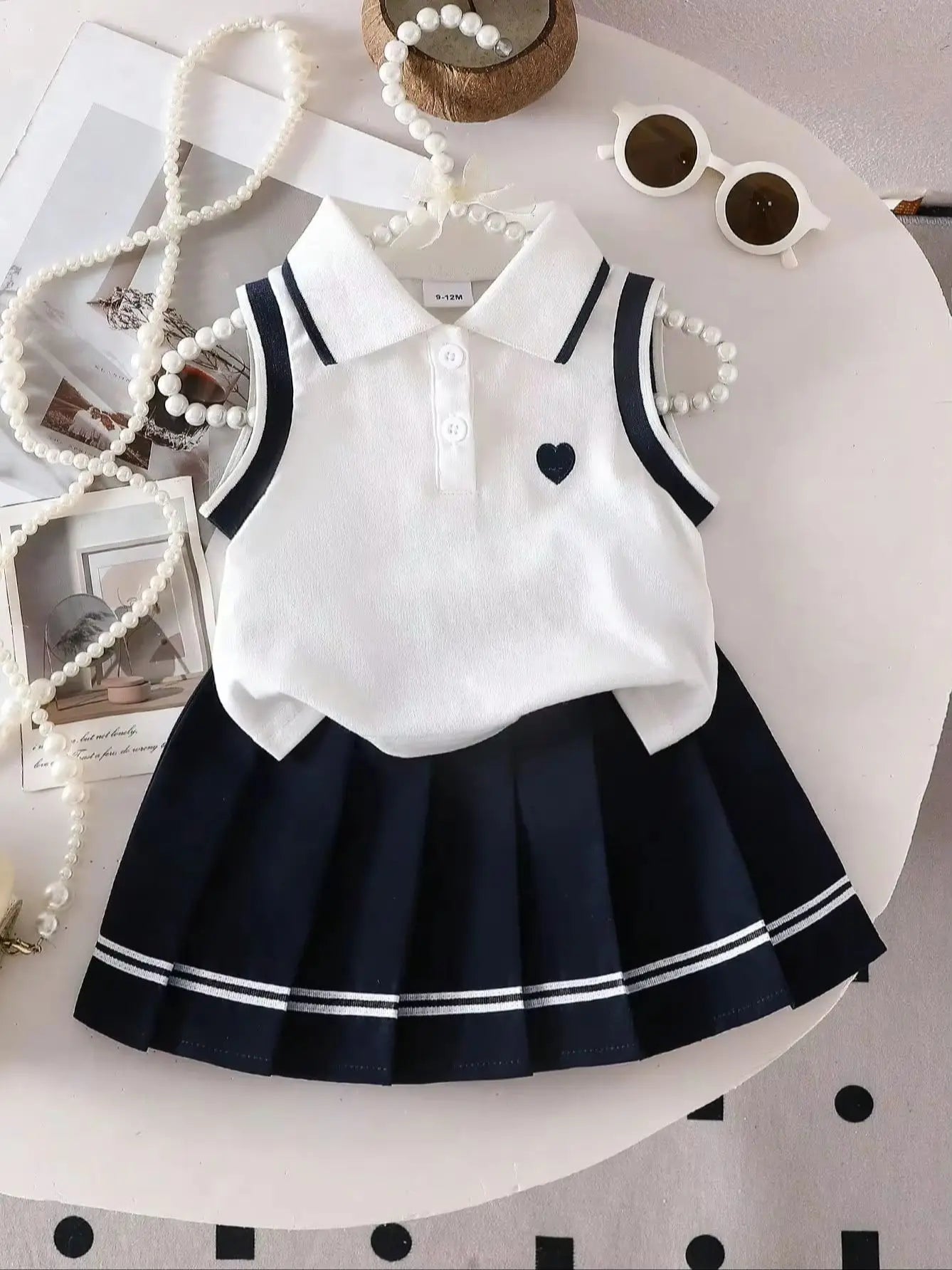 Two piece set of baby girl heart embroidered POLO collar sleeveless top and woven casual pleated short skirt with sweet and cool
