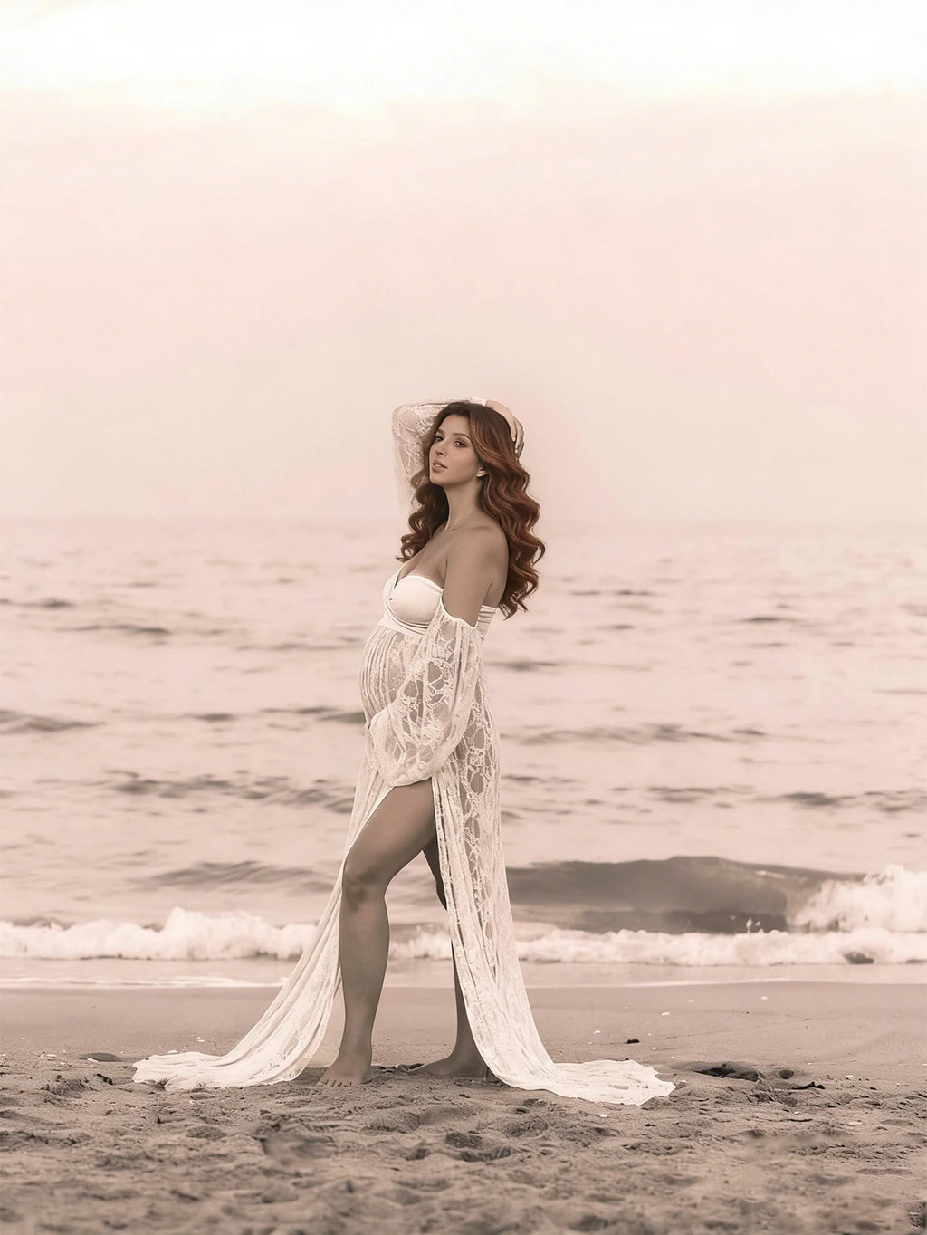 Maternity Dress Soft Stretchy Lace Off Shoulder Doubly Split A line Skirt Pregnancy Maxi Gown for Photoshoot