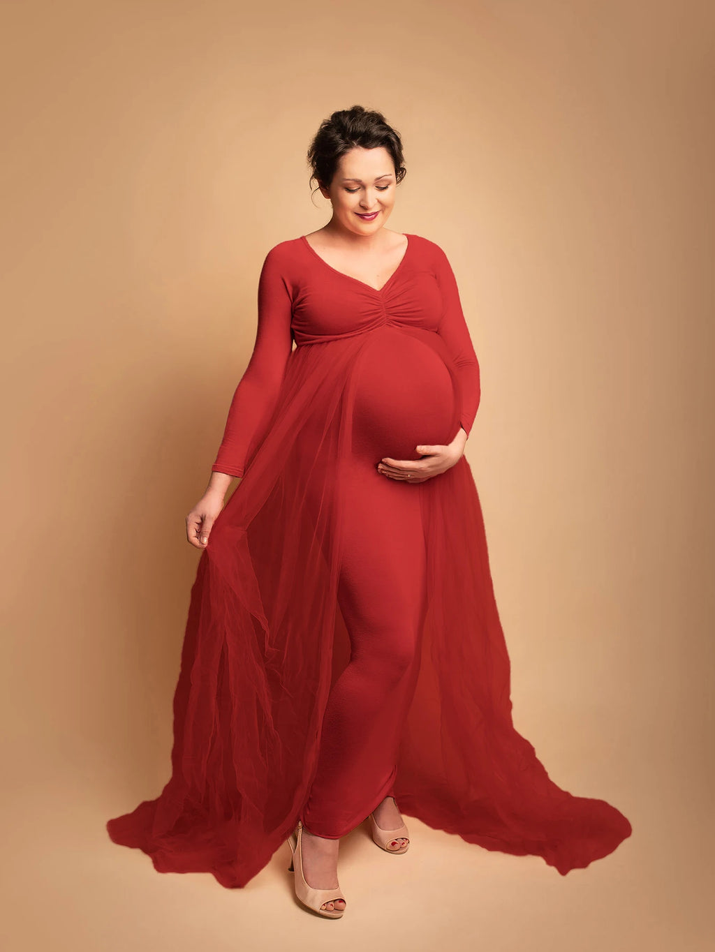 Maternity Long Sleeves Floor Length Mesh Dress Pregnant Dress With Long Train For Shooting Baby Baptism Party