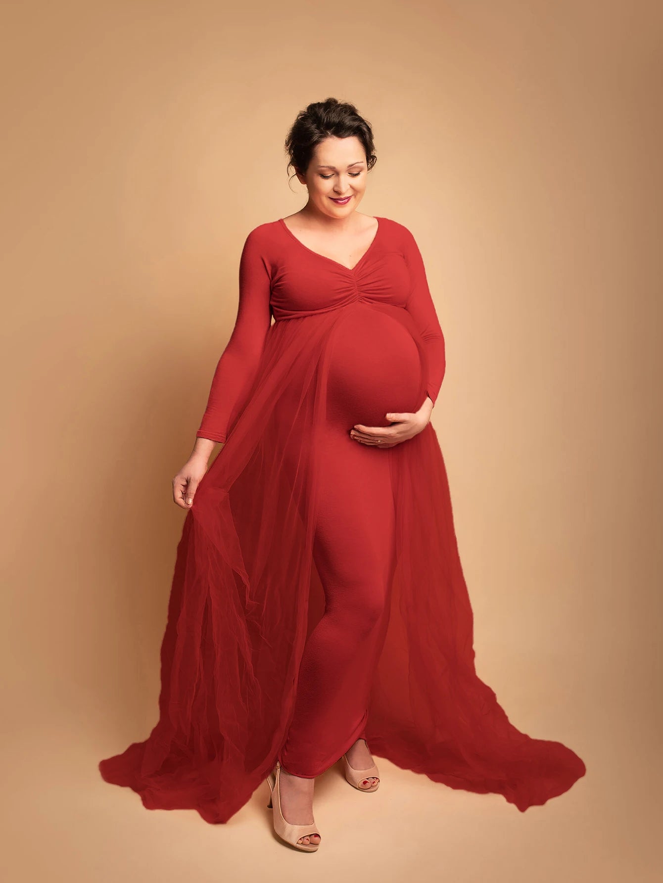 Maternity Long Sleeves Floor Length Mesh Dress Pregnant Dress With Long Train For Shooting Baby Baptism Party