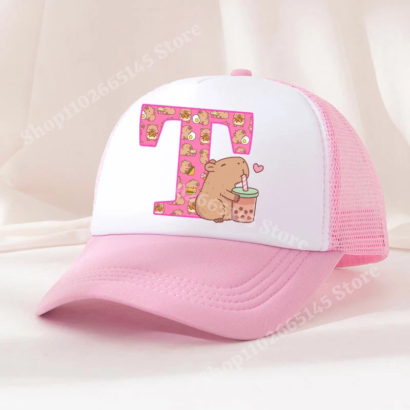 Capibara Baseball Cap Girls Women Anime Capybara Letter A-Z Sun Hat Kids Adult Summer Breathable Mesh Sunbonnet Outdoor Headgear