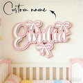 Personalized Wooden Name Sign for Girls – Pink Bow Heart Cursive Nursery Wall Decor