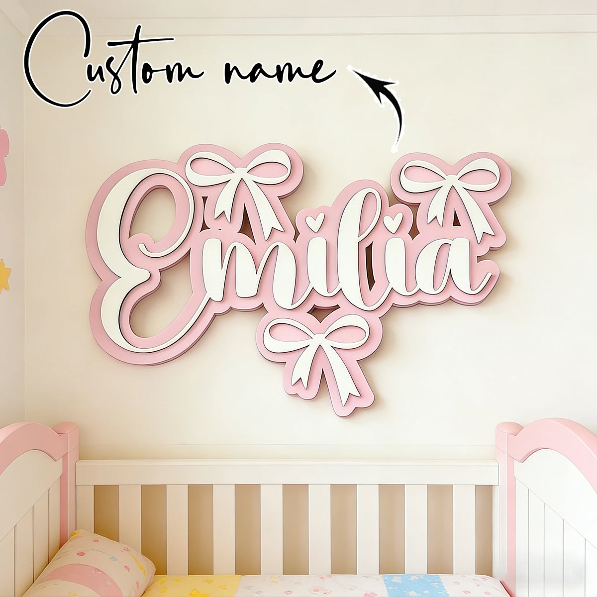Personalized Wooden Name Sign for Girls – Pink Bow Heart Cursive Nursery Wall Decor